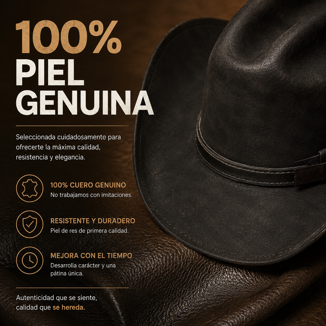 Sombrero Yellowstone Decímetro de Piel Genuina de Res – Artesanal, Vaquero, Unitalla Ajustable, Hecho en Oaxaca