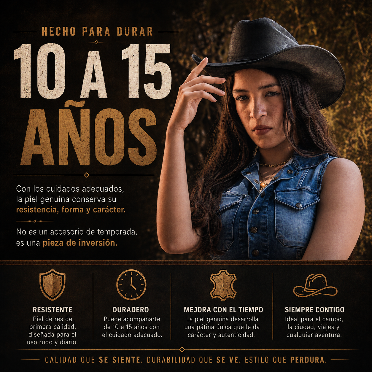 Sombrero Yellowstone Decímetro de Piel Genuina de Res – Artesanal, Vaquero, Unitalla Ajustable, Hecho en Oaxaca