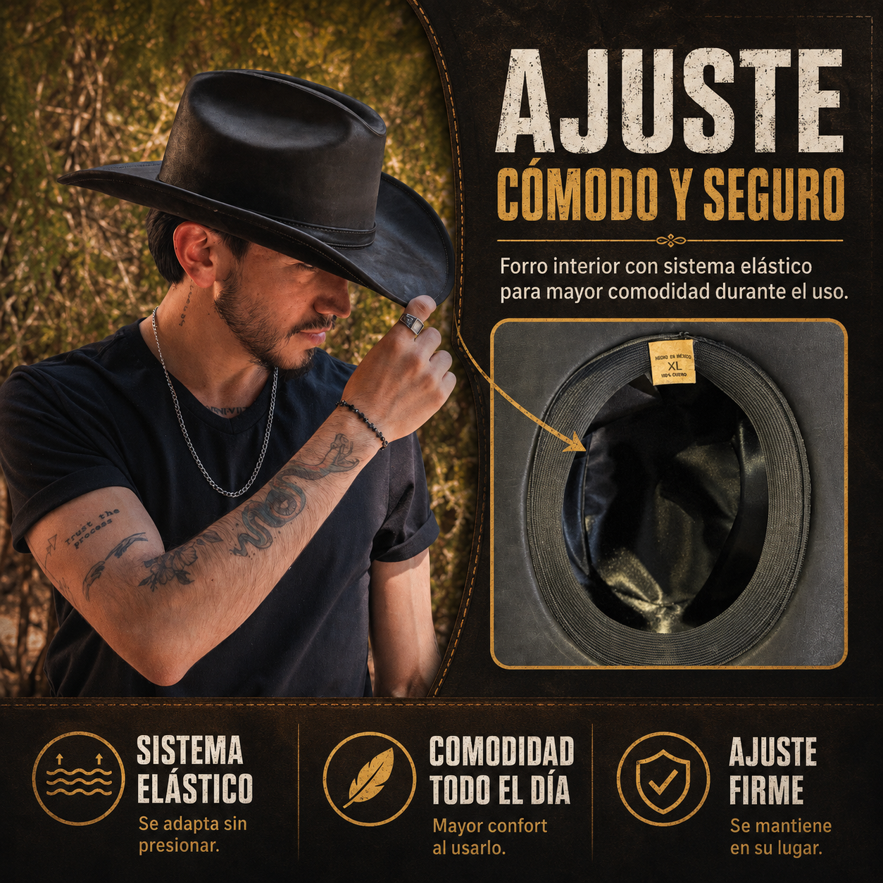 Sombrero Yellowstone Decímetro de Piel Genuina de Res – Artesanal, Vaquero, Unitalla Ajustable, Hecho en Oaxaca