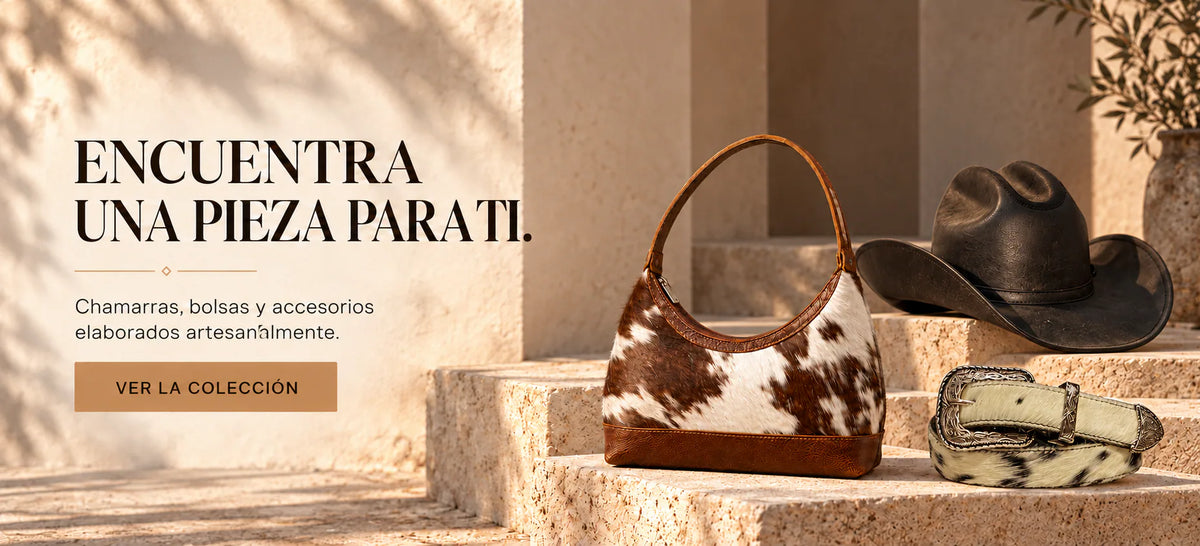 Bolsa de pelo natural, sombrero de piel y cinturón artesanal de la colección Decímetro.