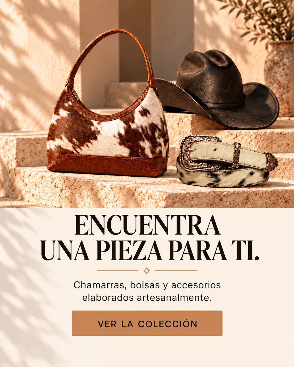 Bolsa de pelo natural, sombrero de piel y cinturón artesanal de la colección Decímetro.
