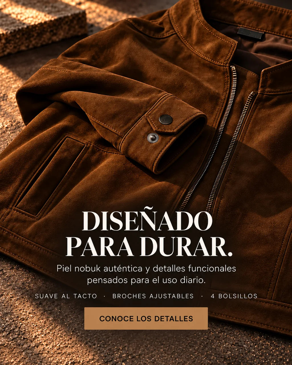 Detalle de la chamarra Anthony Nobuck de piel café con cierre, bolsillos y broches ajustables.
3.